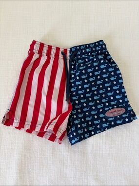 Vineyard Vines Red & Navy Whale and Stripe Kids Swim Shorts 2T